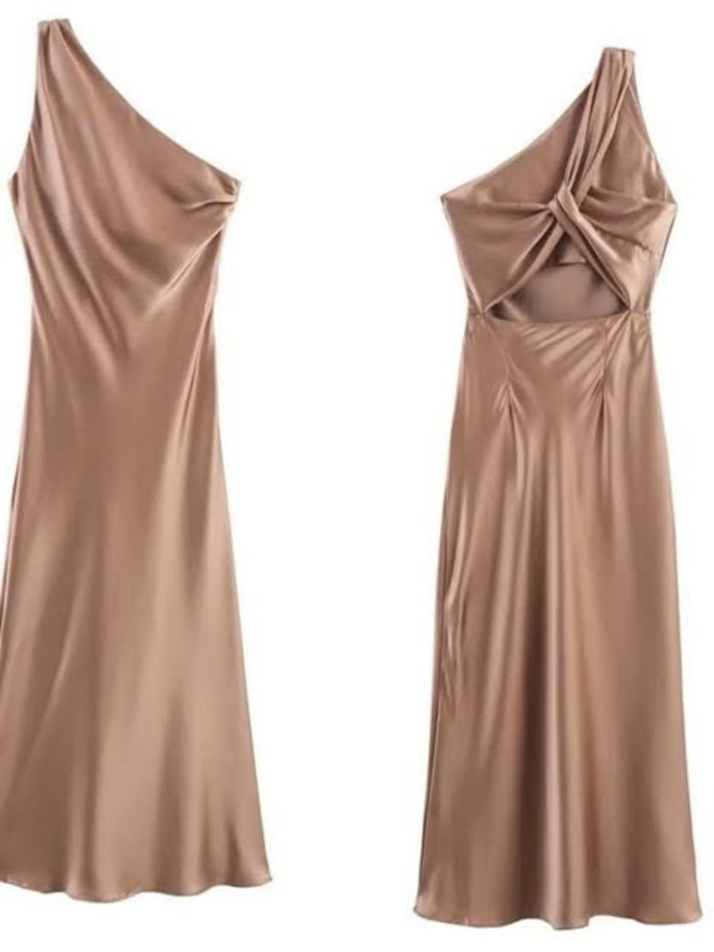 Zara Satin Cowl Midi Dress in Copper Brown
